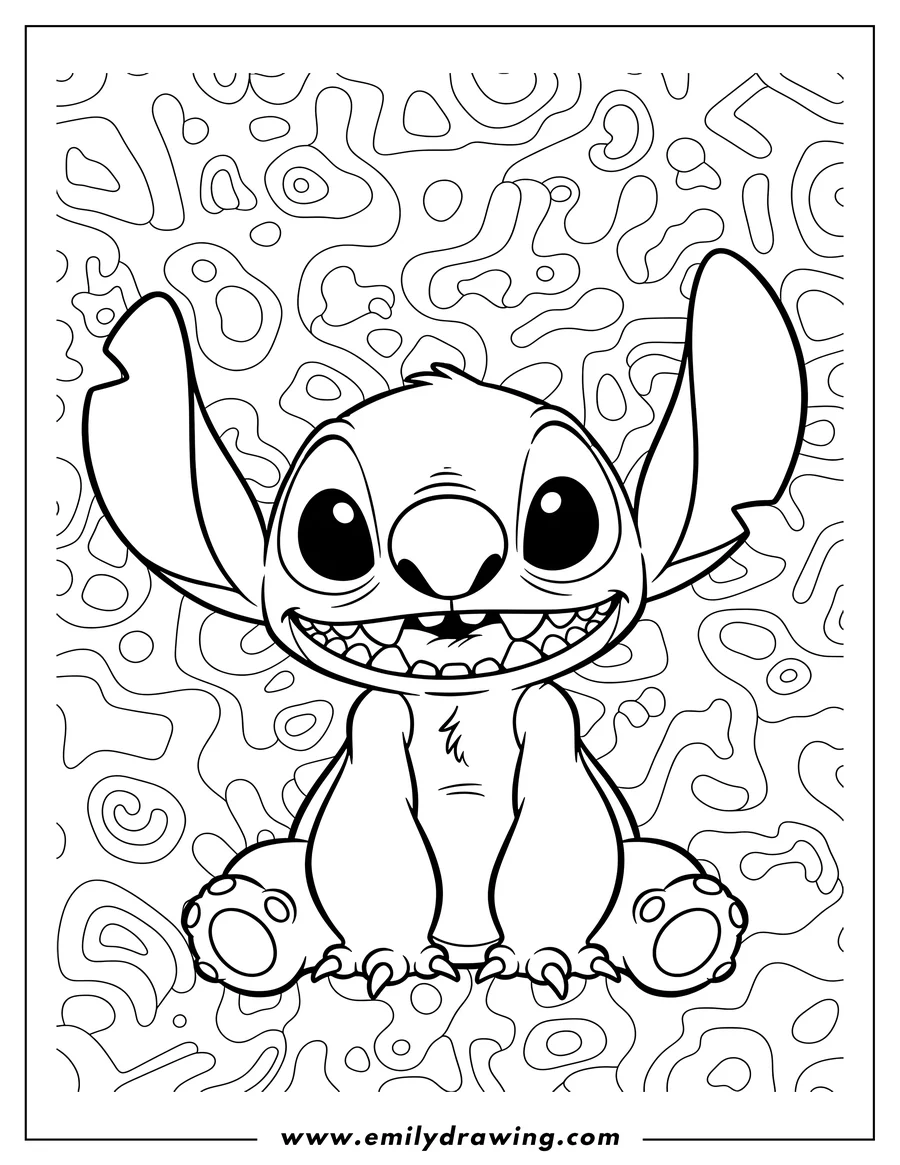 Free printable coloring sheet of smiling Stitch sitting and looking forward With Trippy Background