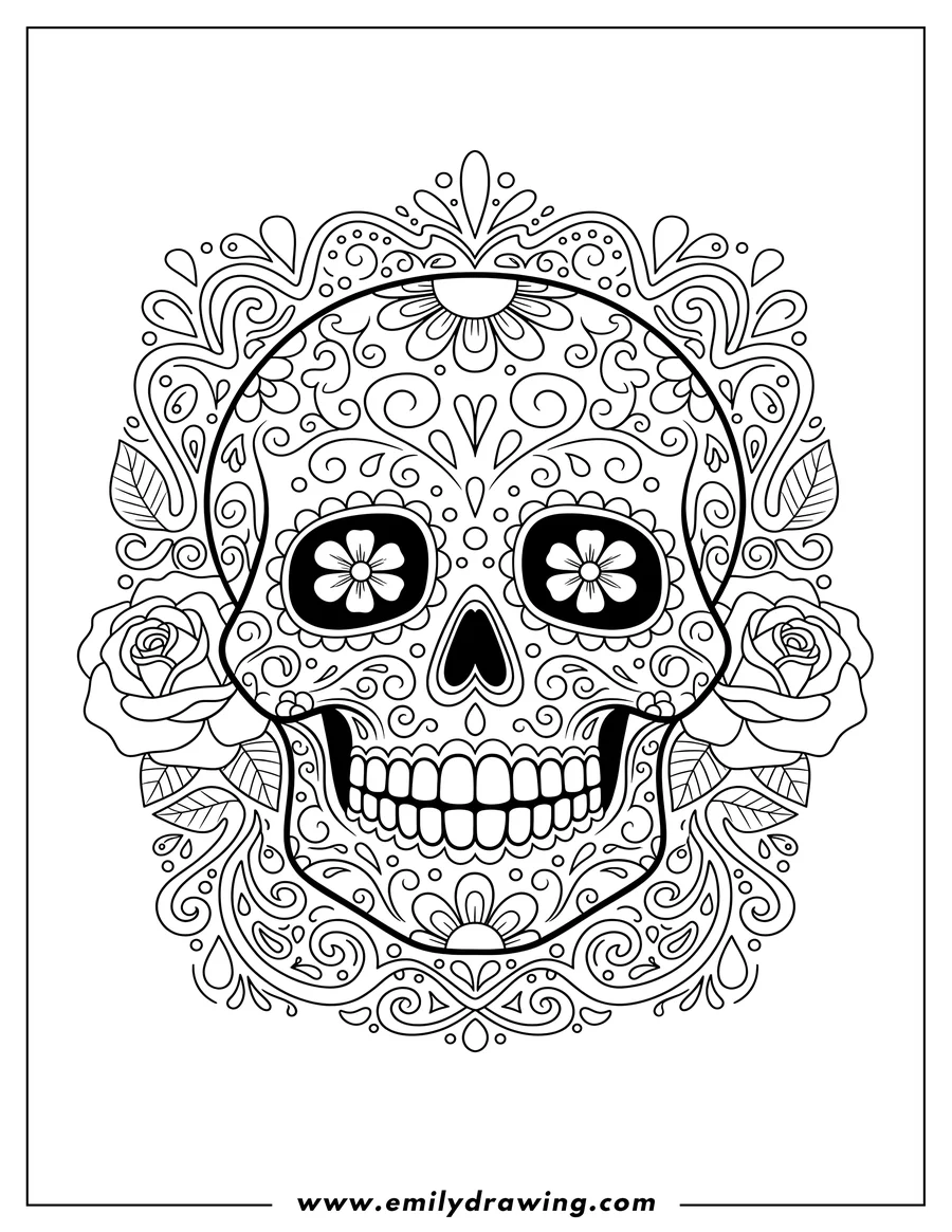 Coloring sheet featuring smiling Sugar Skull with roses and intricate decorative patterns