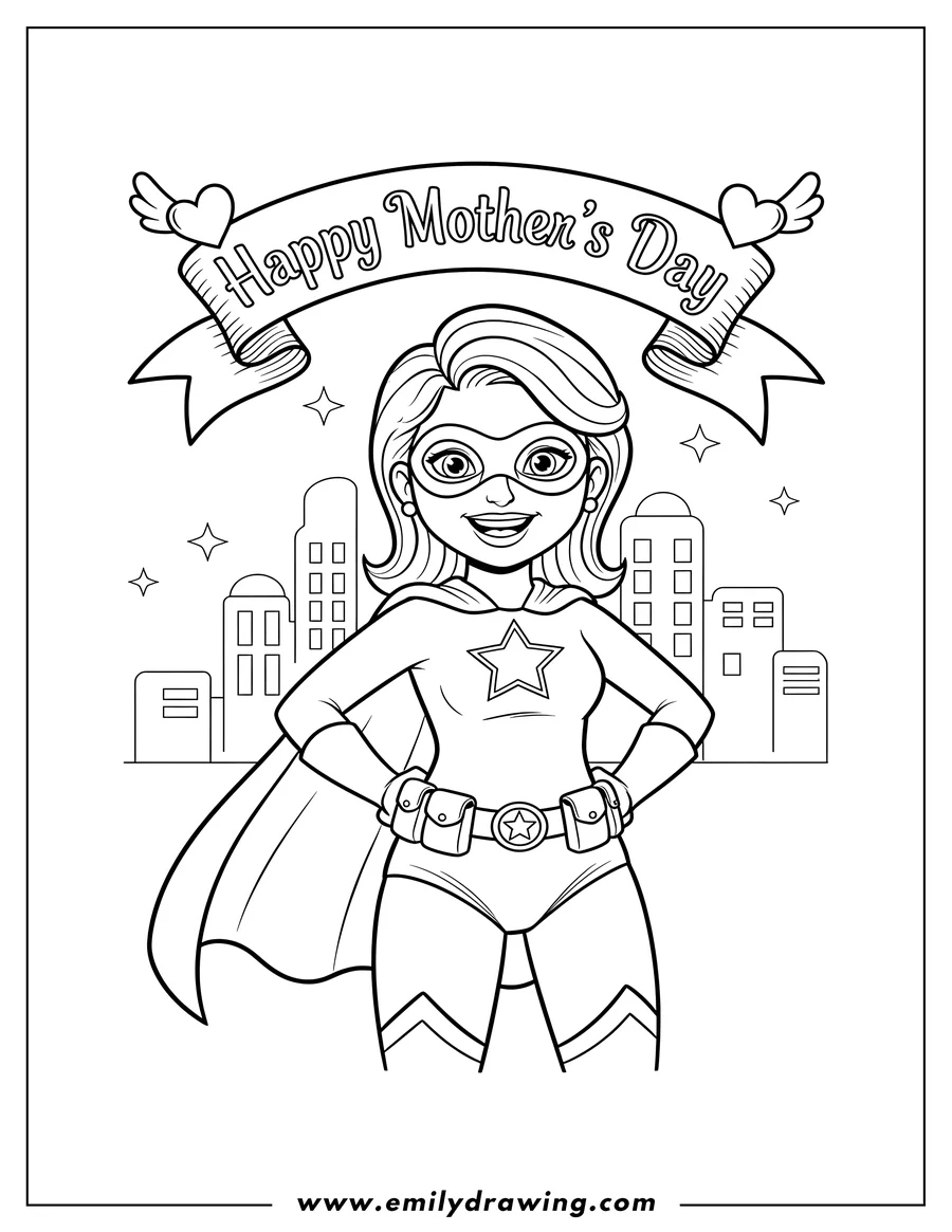Simple sketch of smiling superhero mom in a mask and cape, hands on hips, with a 'Happy Mother's Day' banner to color