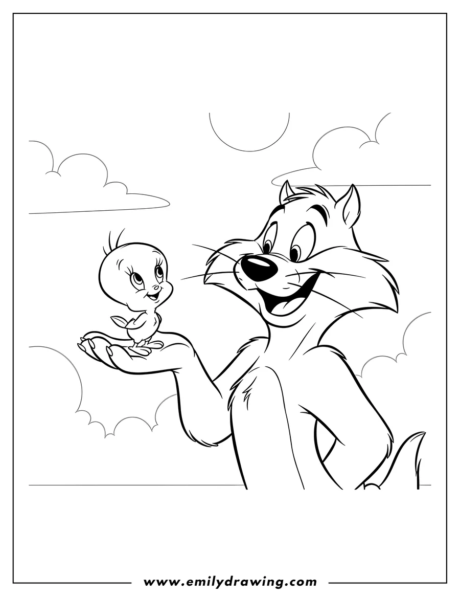 Linear illustration of smiling Sylvester Holding Tweety On His Palm, with Tweety looking up at him