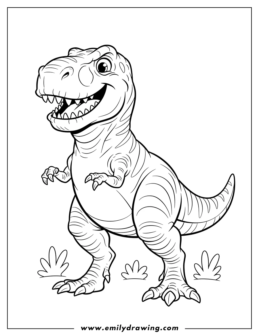 Full page coloring image of smiling T-Rex standing with large claws