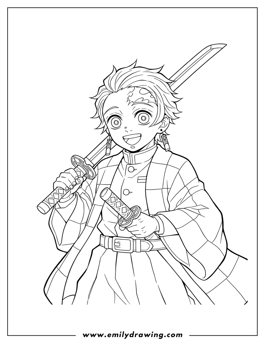 Outline drawing of smiling Tanjiro in his checkered haori, with his demon slayer mark, holding a Nichirin sword over his shoulder