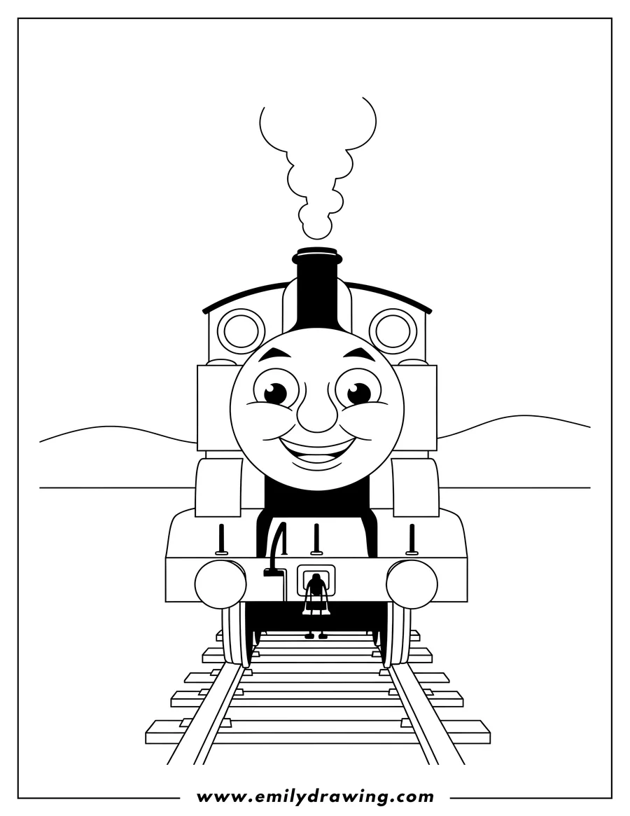 Printable coloring page of smiling Thomas the Tank Engine on train tracks, facing forward