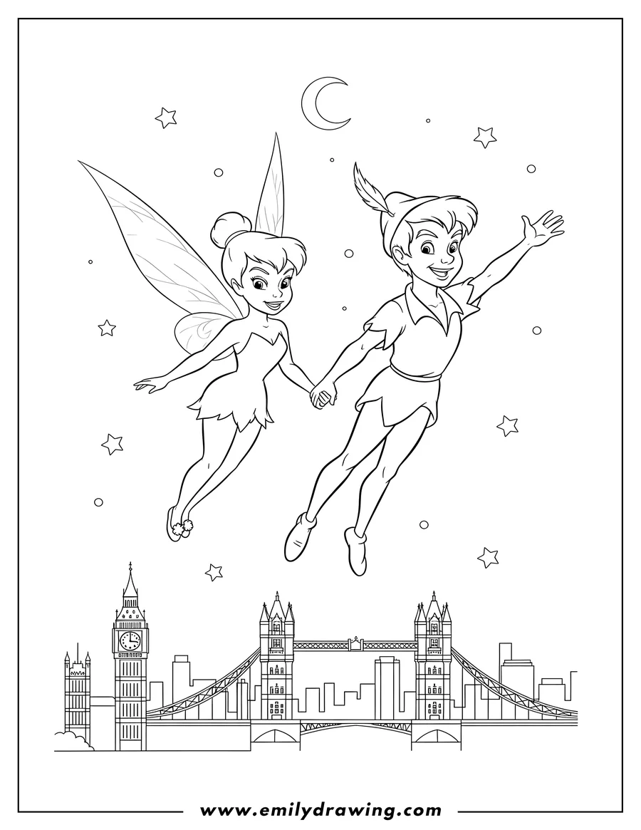 Free printable coloring sheet of smiling Tinker Bell and Peter Pan flying over London, holding hands