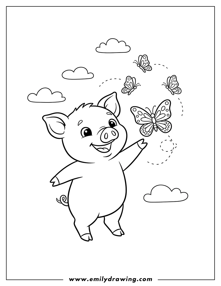 Coloring page of smiling tiny pig standing with outstretched arm chasing butterflies, for preschoolers