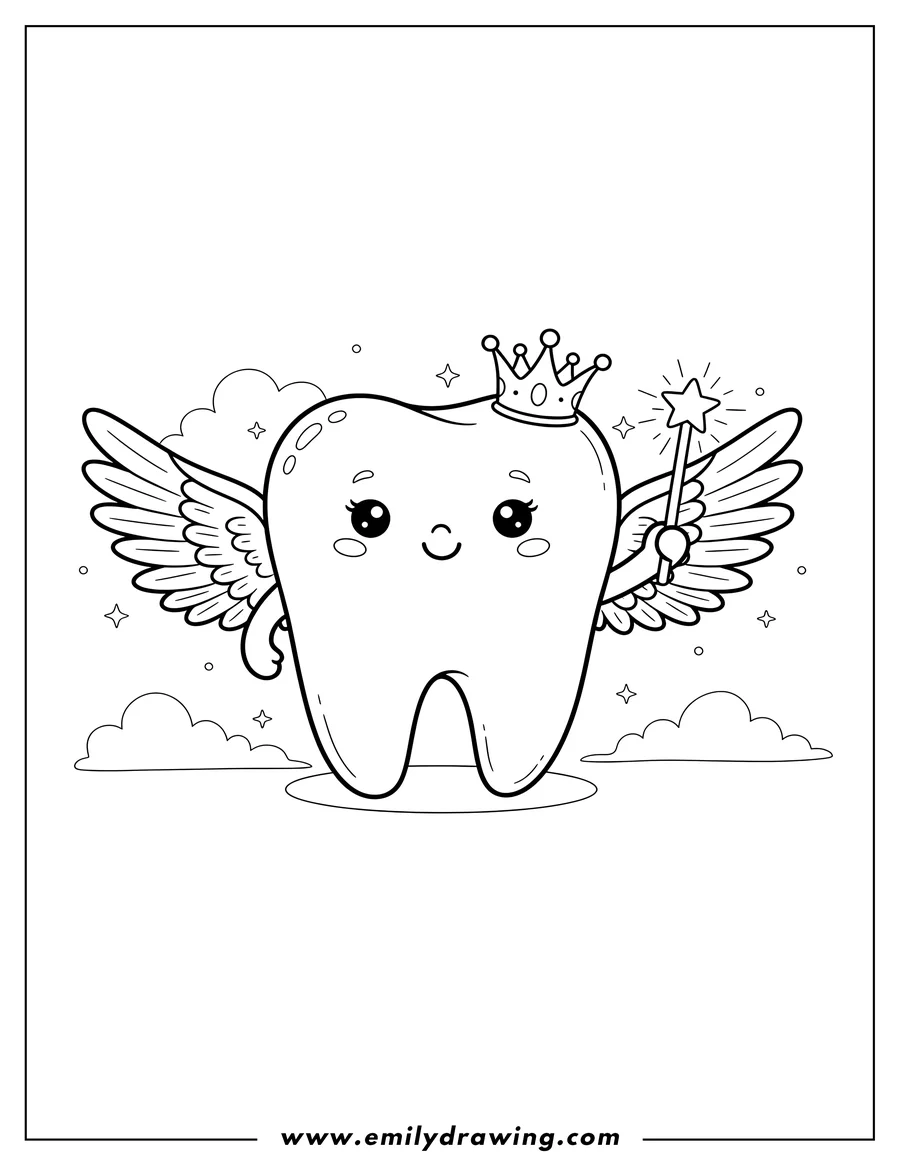 Coloring sheet featuring smiling tooth character with wings, crown, and wand