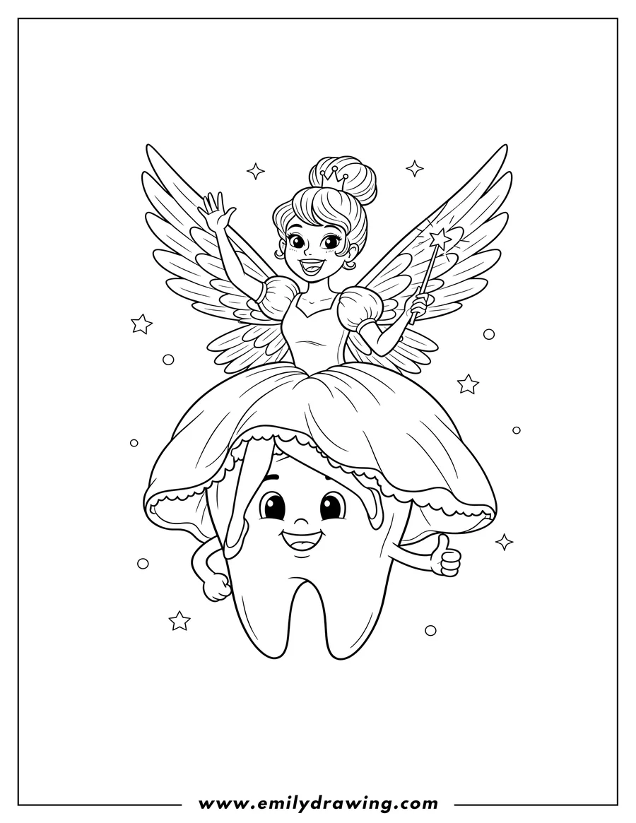 Full page coloring image of smiling Tooth Fairy with wings waving while sitting on a happy tooth