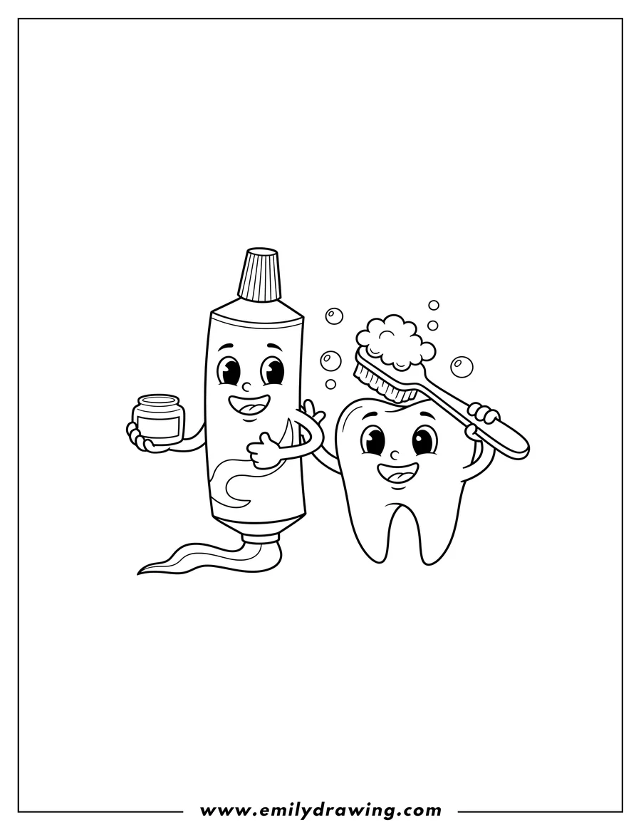 Doodle style coloring picture of smiling toothpaste tube holding a small jar, and a happy tooth brushing itself with a toothbrush