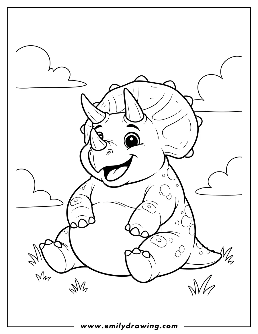 Coloring page for kids: A joyfully smiling triceratops with big horns, sitting down