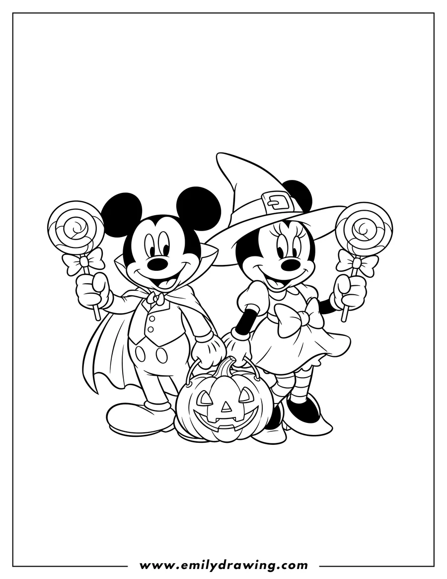 Downloadable coloring page of smiling Vampire Mickey Mouse and Witch Minnie Mouse together holding a jack-o'-lantern and lollipops