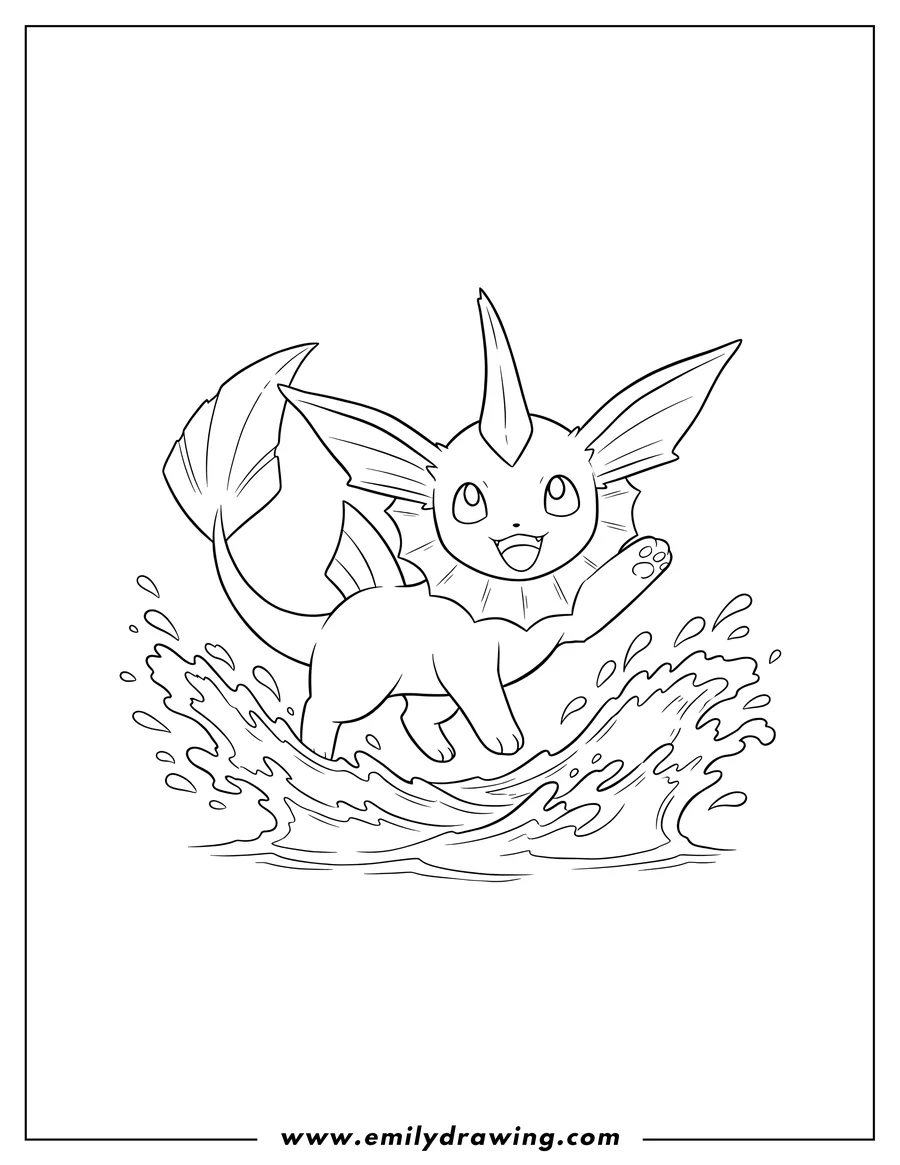 Coloring page for kids: smiling Vaporeon playfully splashing water