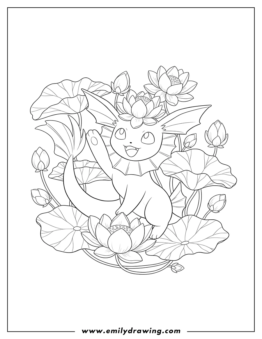 Free printable coloring sheet of smiling Vaporeon with a lotus flower on its head, raising an arm, surrounded by lotus flowers