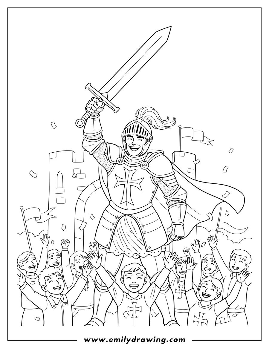 Printable line art of smiling Victorious Knight with Cross on Chest Holding Sword High, Celebrated by a Crowd
