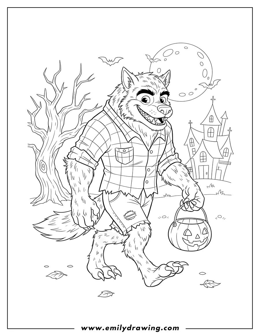 PDF style coloring page: smiling Werewolf with sharp claws, wearing ripped clothes, walking and holding a Jack O' Lantern basket for Halloween