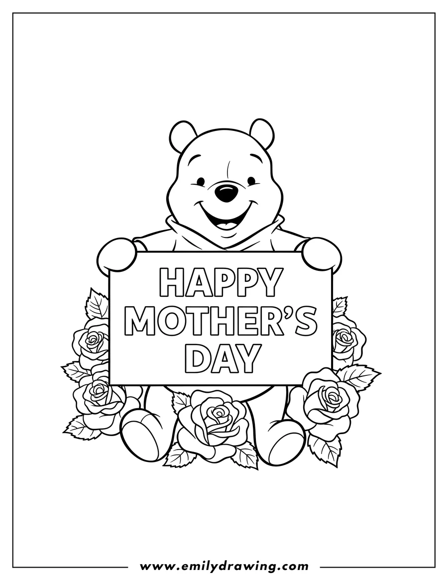 Outline drawing of smiling Winnie Pooh Holding Up a 'Happy Mother's Day' Sign, with roses