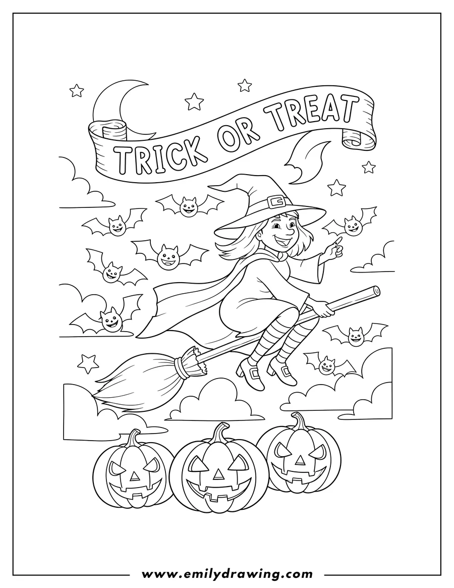 High quality printable smiling witch flying on a broomstick with a Trick or Treat banner, smiling jack-o'-lanterns, and bats for coloring