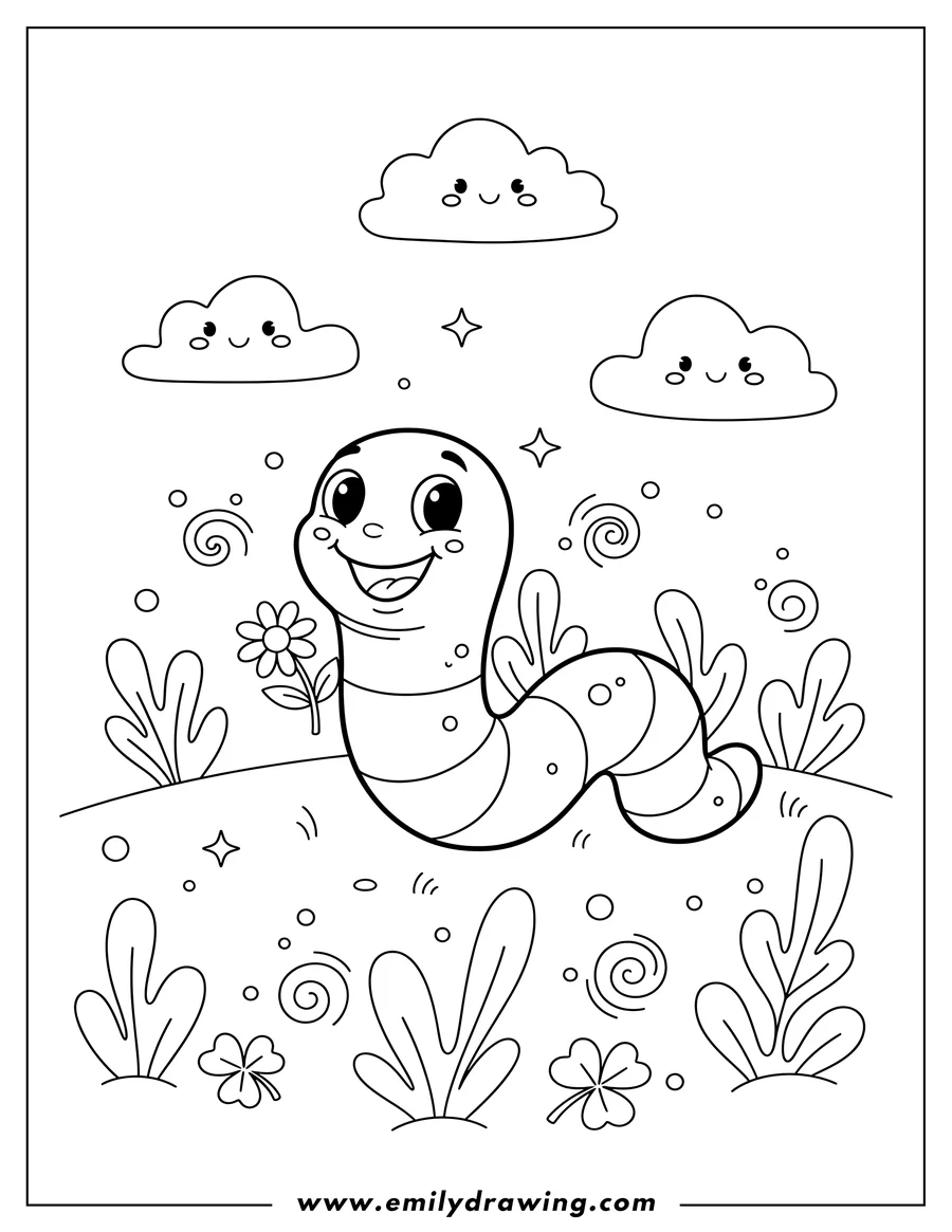 Printable line art of smiling worm in a peaceful field with leafy plants, sparkles, and happy clouds