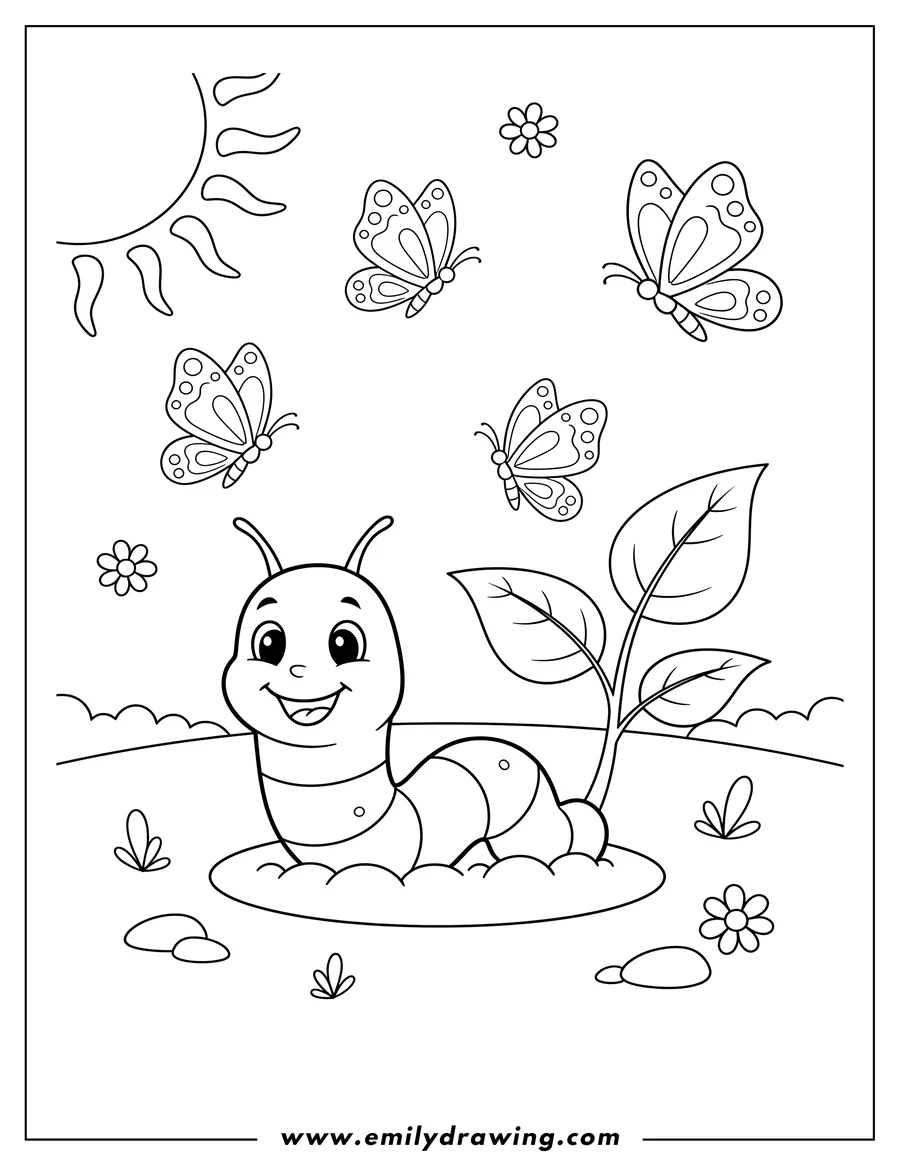 Coloring sheet featuring smiling worm emerging from the ground next to a young plant in a sunny garden with flying butterflies