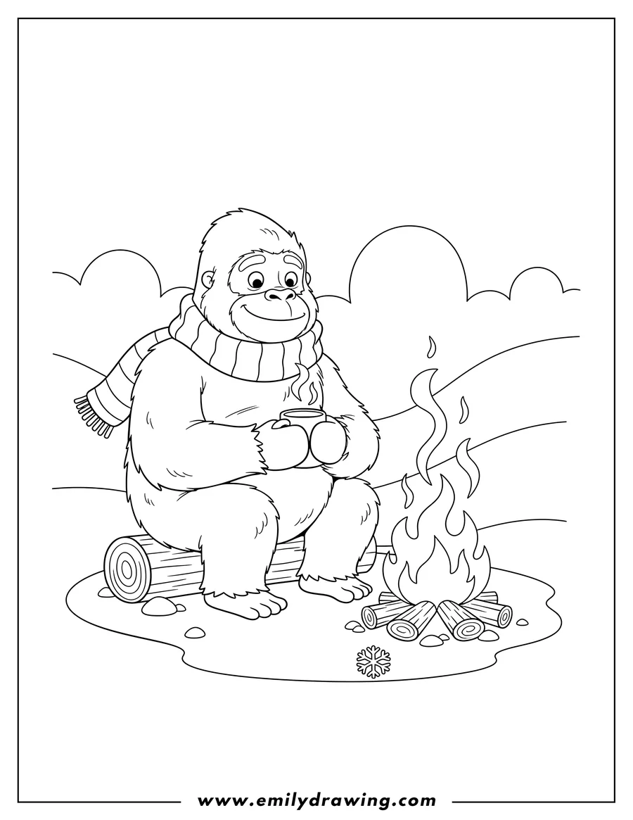 Simple sketch of smiling yeti wearing a scarf, holding a hot drink, sitting by a bonfire to color