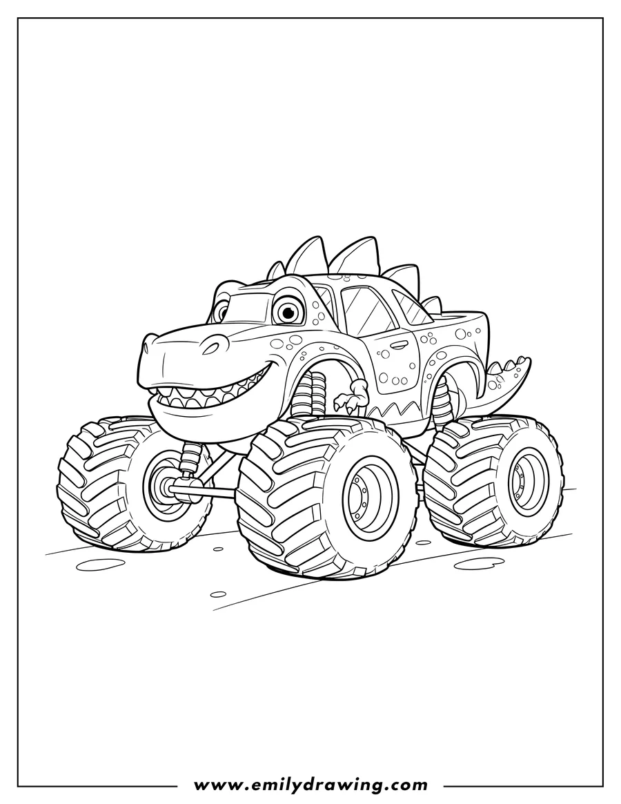 Free to print drawing of smiling Zeg Dinosaur Monster Machine with big textured tires