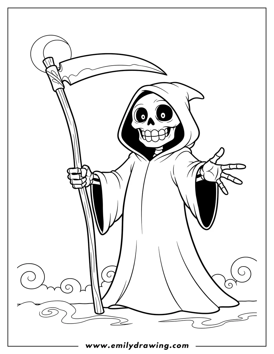 Clean line drawing: smirking Grim Reaper with Scythe, extending hand