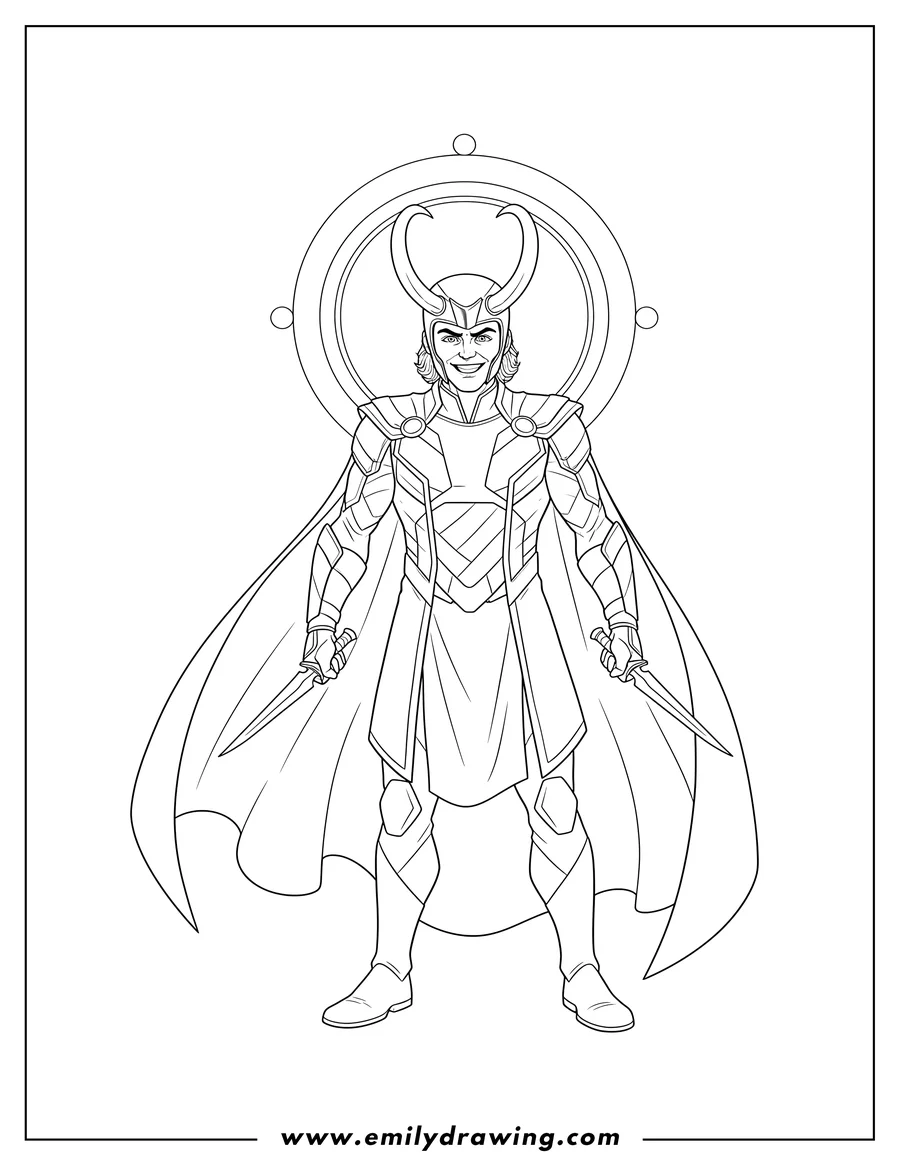 Coloring page for kids: smirking Loki standing in his armor and flowing cape, holding daggers