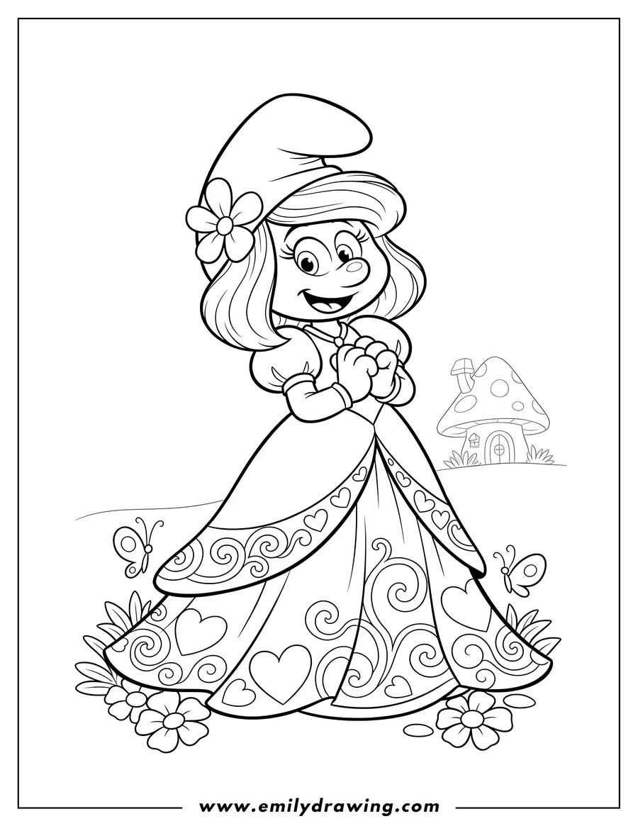 Simple sketch of smurfette Pretty Dress, smiling with hands clasped to color