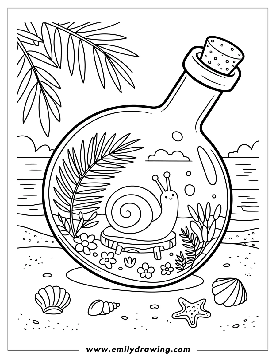 Outline of a snail inside a glass bottle terrarium, which is placed on a sandy beach with seashells and a starfish. The terrarium contains plants and flowers.
