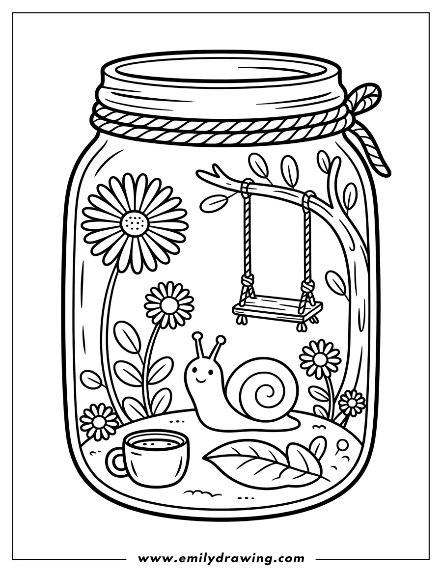 Line art of a snail with a mug inside a terrarium jar, featuring flowers, leaves, and a swing hanging from a branch.