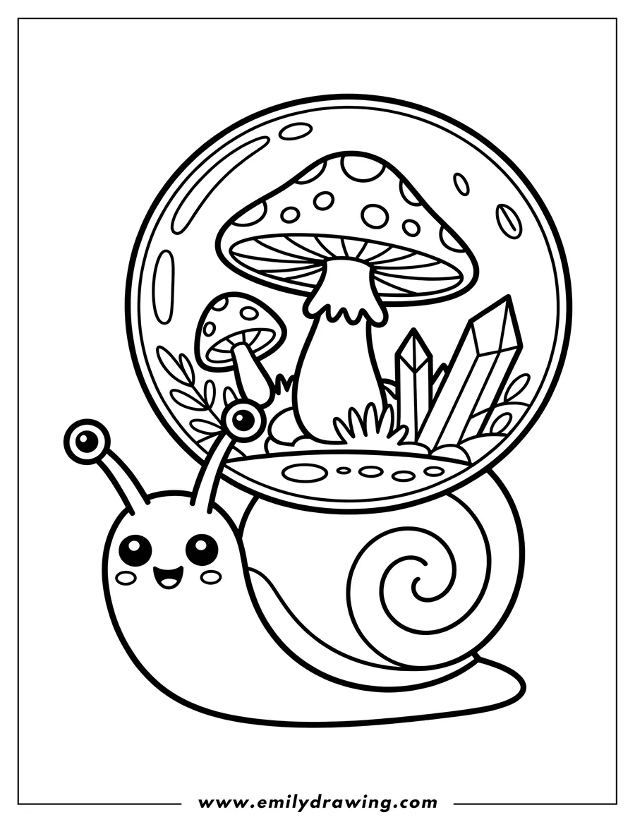 Outline of a cheerful snail with a terrarium on its shell containing mushrooms, leaves, and crystals.