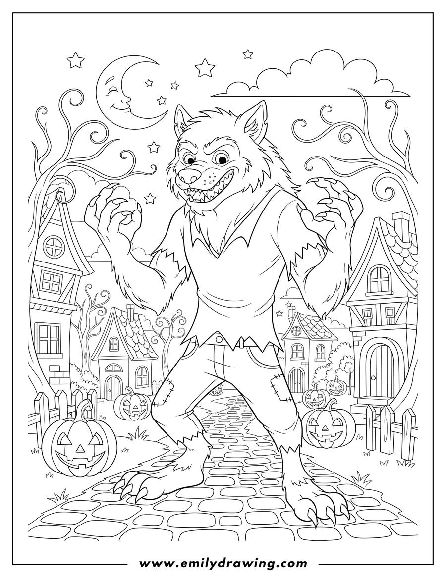 Black and white line art of snarling werewolf standing upright with sharp claws, in a village with carved jack-o'-lanterns