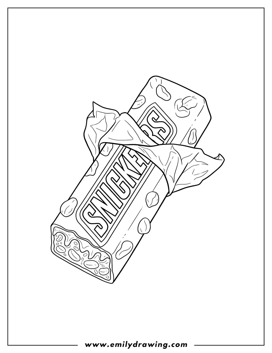 Coloring sheet featuring snickers Candy Bar To Color, partially unwrapped