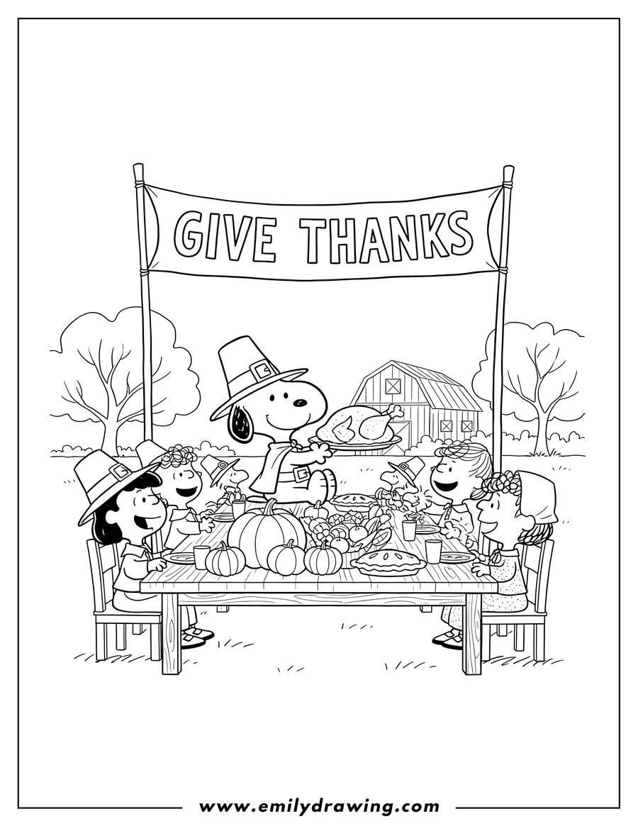 Outline drawing of snoopy And Friends Pilgrims Celebrating Thanksgiving gathered around a table under a GIVE THANKS banner