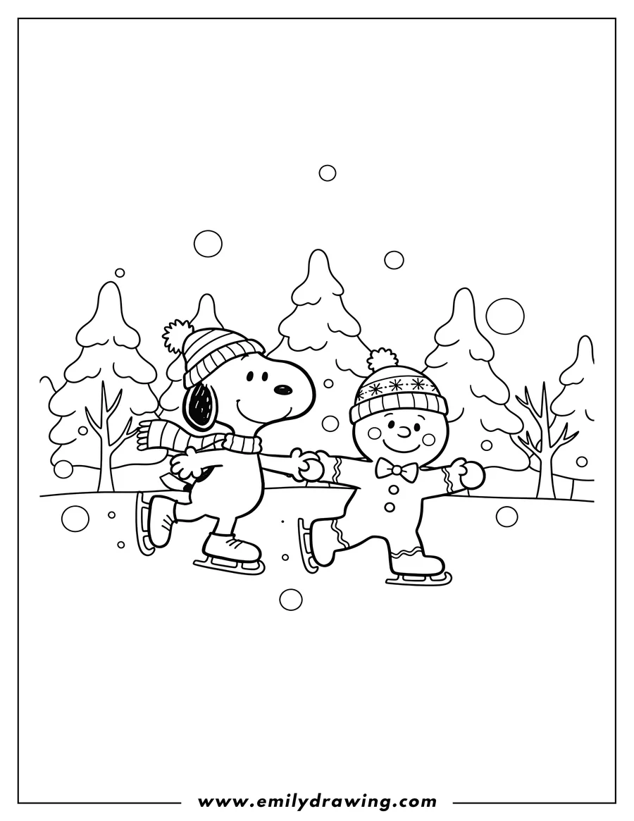 Outline drawing of snoopy and Gingerbread Man holding hands and ice skating, both wearing winter hats, under snowy trees