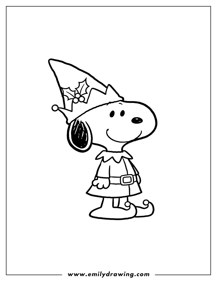 Printable line art of snoopy Elf Scaled, wearing a pointy hat with holly and an elf costume with a ruffled collar