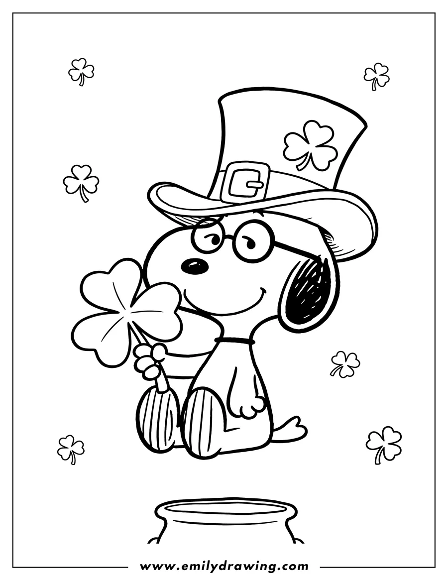 Full page coloring image of snoopy Themed St Patrick S Day, wearing a leprechaun hat and glasses, holding a shamrock