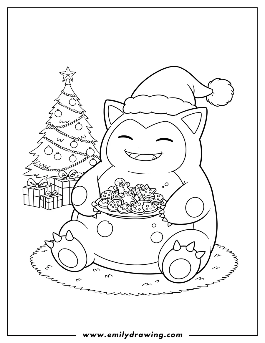 Linear illustration of happy Snorlax wearing a Santa hat, sitting and eating Christmas cookies