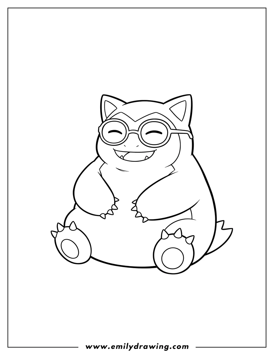 Clean line drawing: snorlax wearing eyeglasses, sitting and smiling with paws clasped