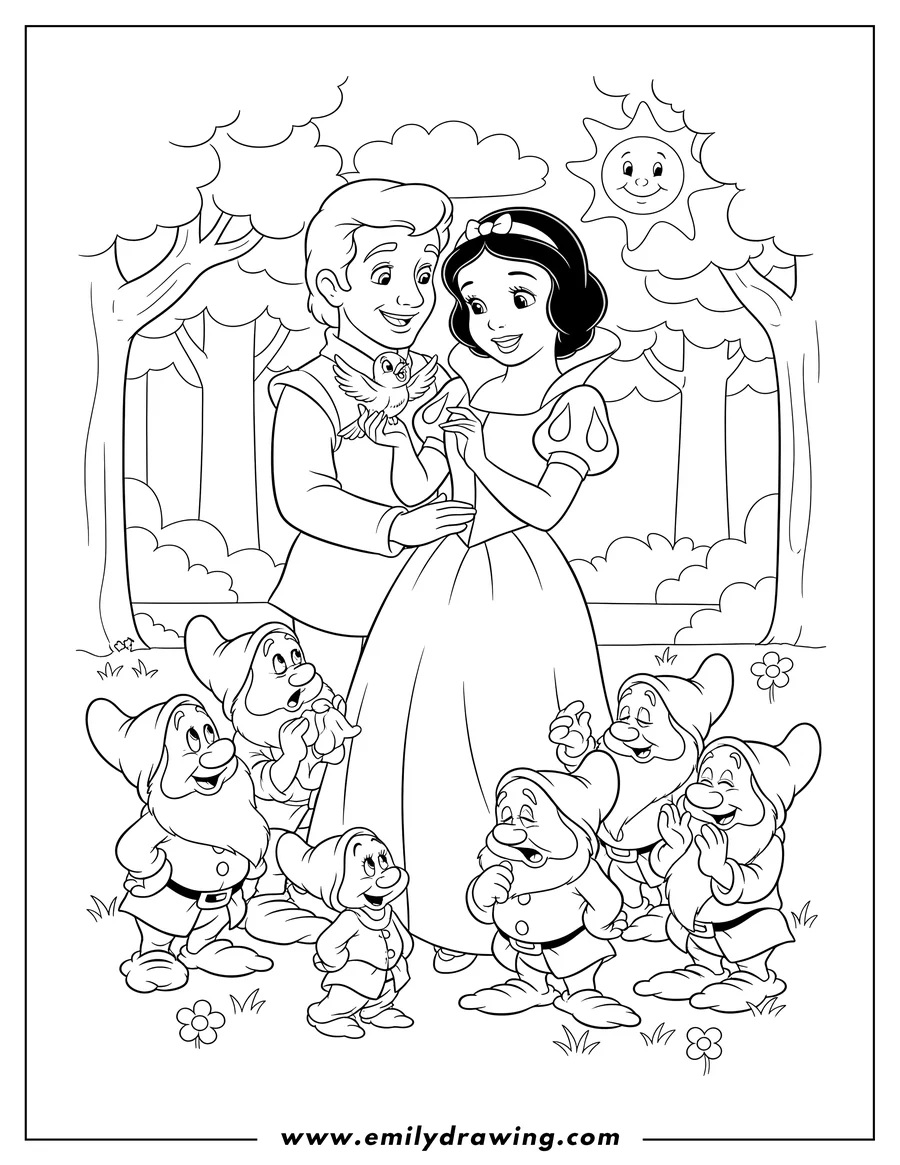 Outline drawing of snow White and Prince embracing, with Snow White holding a bird, and the Seven Dwarfs gathered happily