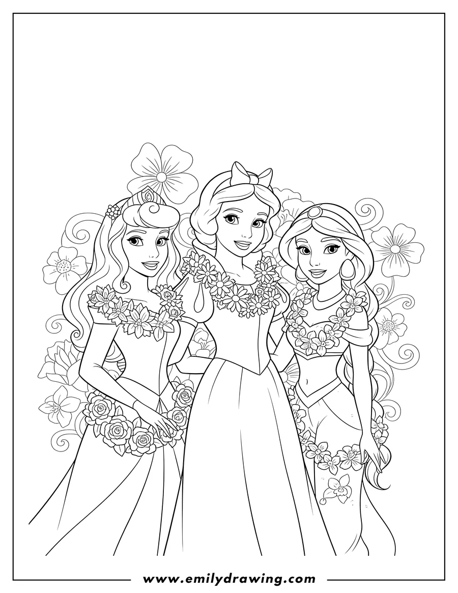 Doodle style coloring picture of snow White Aurora And Jasmine wearing flower garlands and standing together