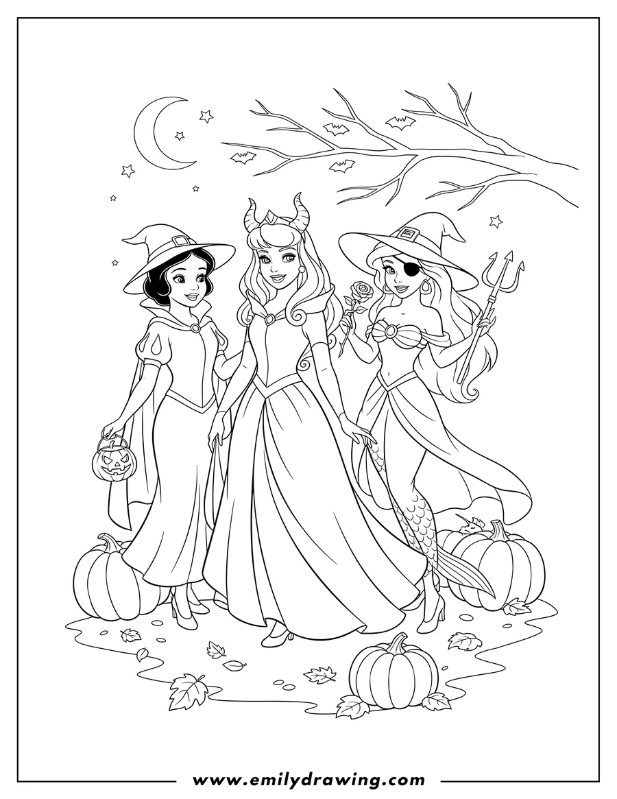 Printable coloring page of snow White Aurora Jasmine And Ariel On Halloween, with Aurora wearing horns, and Jasmine wearing a witch hat and holding a rose
