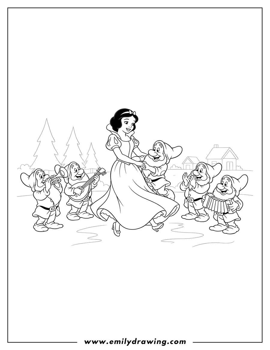 Doodle style coloring picture of snow White dancing with a dwarf, while other dwarfs play music