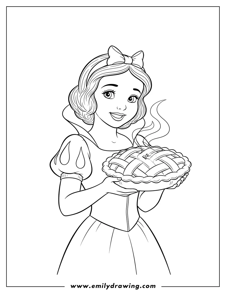 Printable coloring page of smiling Snow White holding an apple pie with a lattice crust