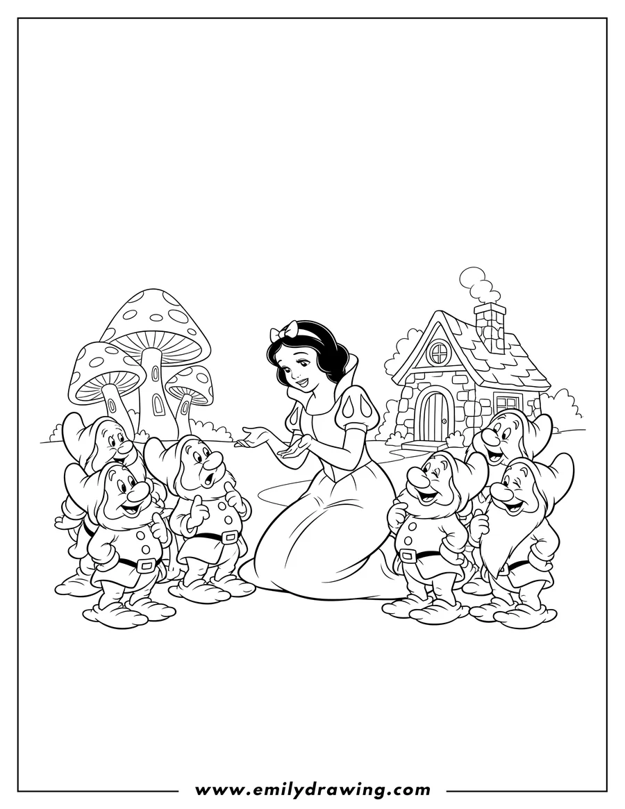 Free to print drawing of snow White leaning down to the Seven Dwarfs gathered around her