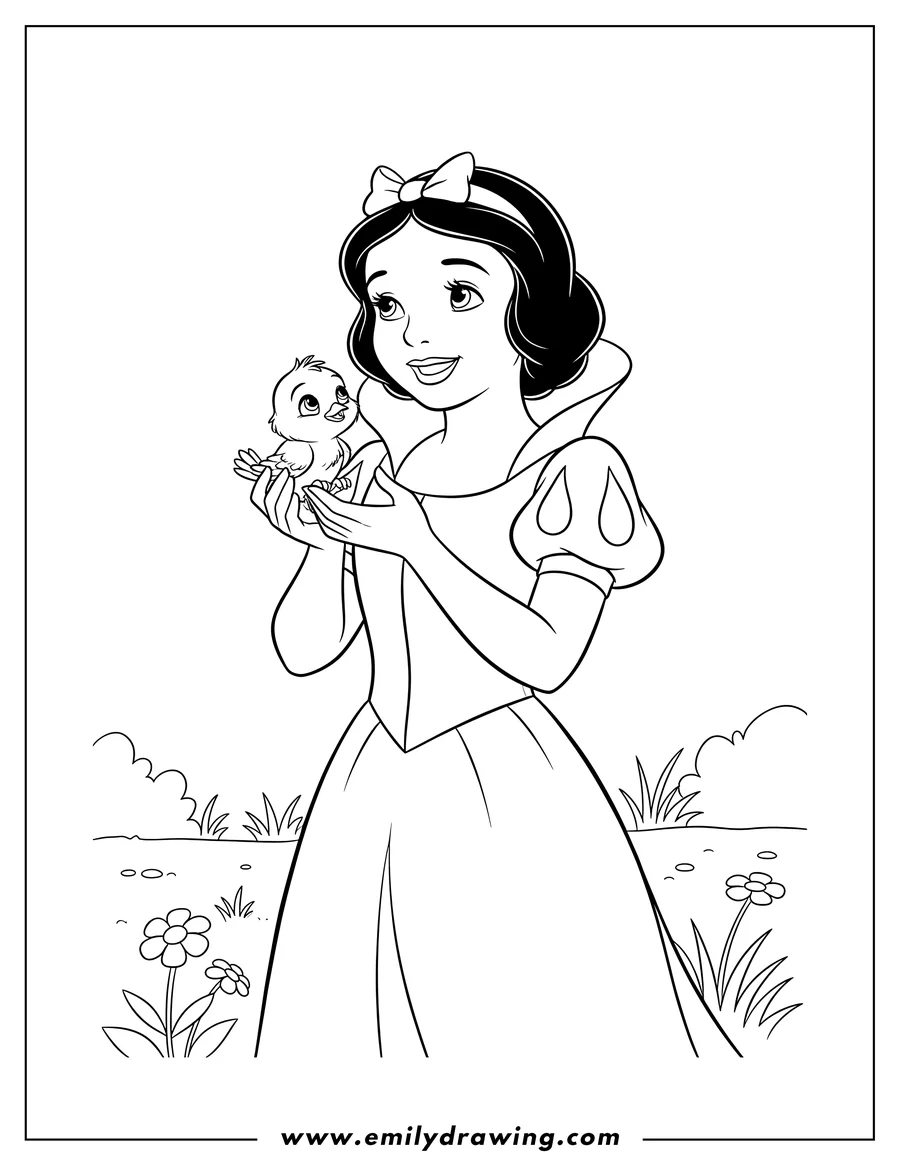 Printable line art of snow White looking up and holding a baby bird in her cupped hands