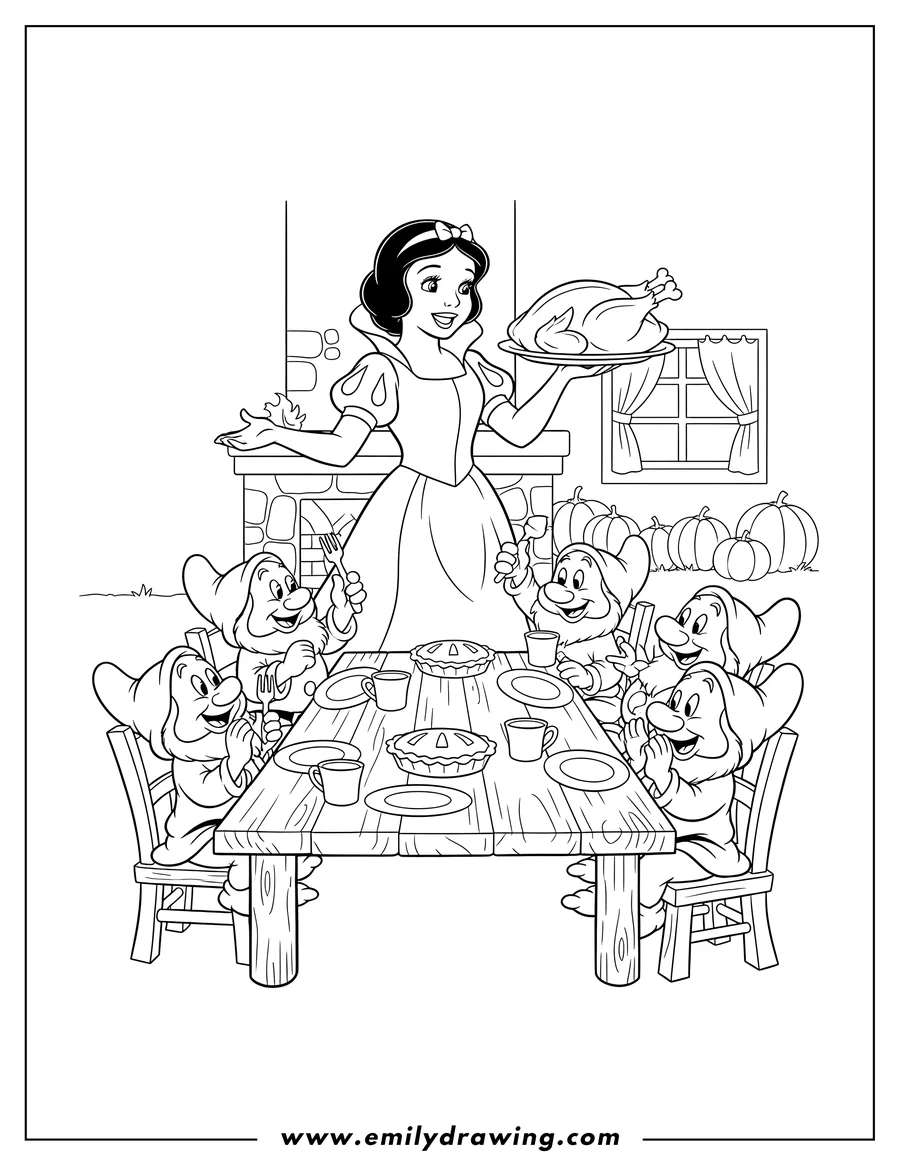 Vector style outline of snow White carrying a Thanksgiving turkey on a platter to the seven dwarves who are seated around a dining table