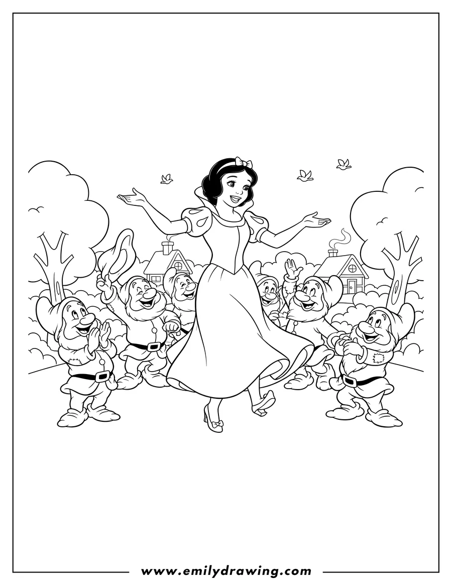 Doodle style coloring picture of snow White smiling and dancing, surrounded by cheerful dwarves