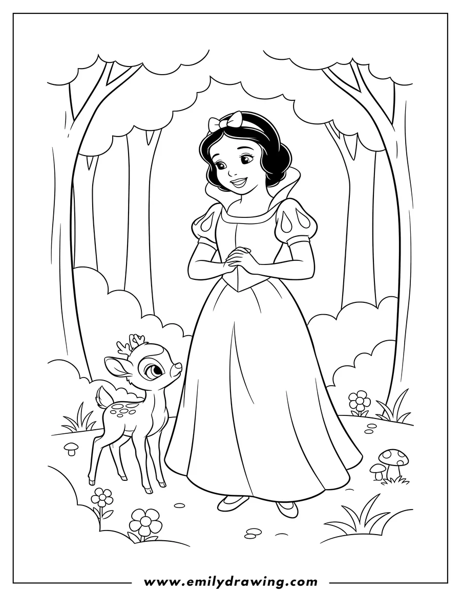 Clean line drawing: snow White smiling and standing with clasped hands in a forest, with a baby deer looking up at her, to color scaled