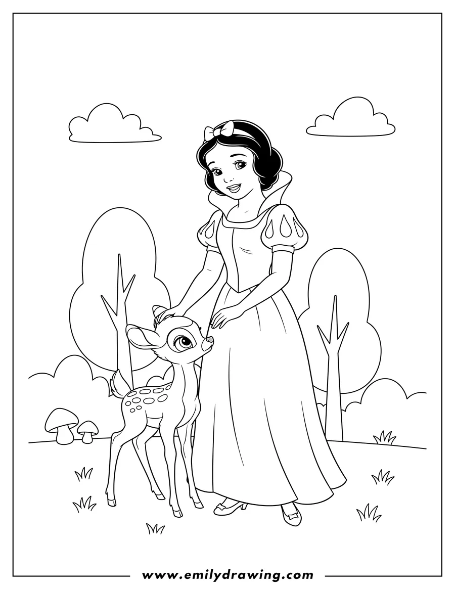 High quality printable snow White standing with a fawn for coloring