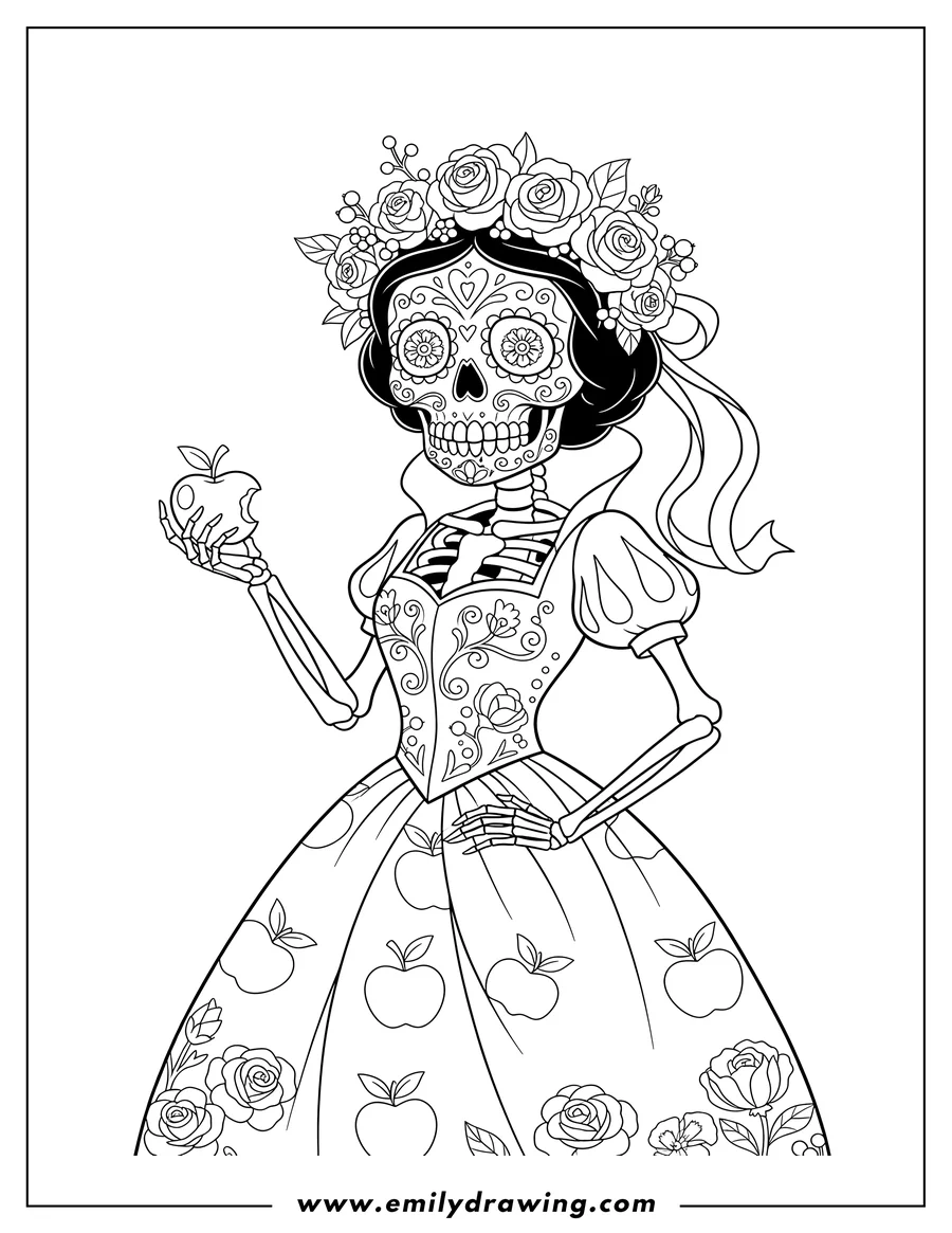 Doodle style coloring picture of snow White Sugar Skull with a floral crown and skeleton body